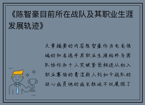 《陈智豪目前所在战队及其职业生涯发展轨迹》