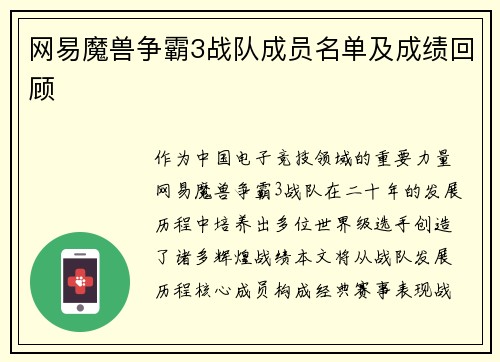 网易魔兽争霸3战队成员名单及成绩回顾